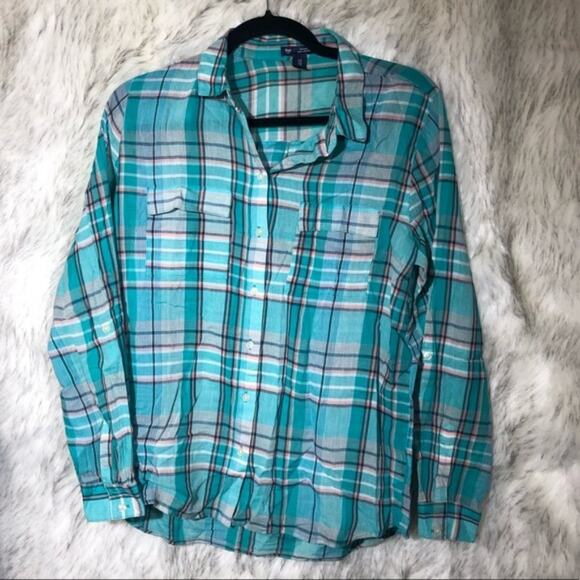 Gap Teal Boyfriend Plaid Button Down Shirt - Picture 2 of 8